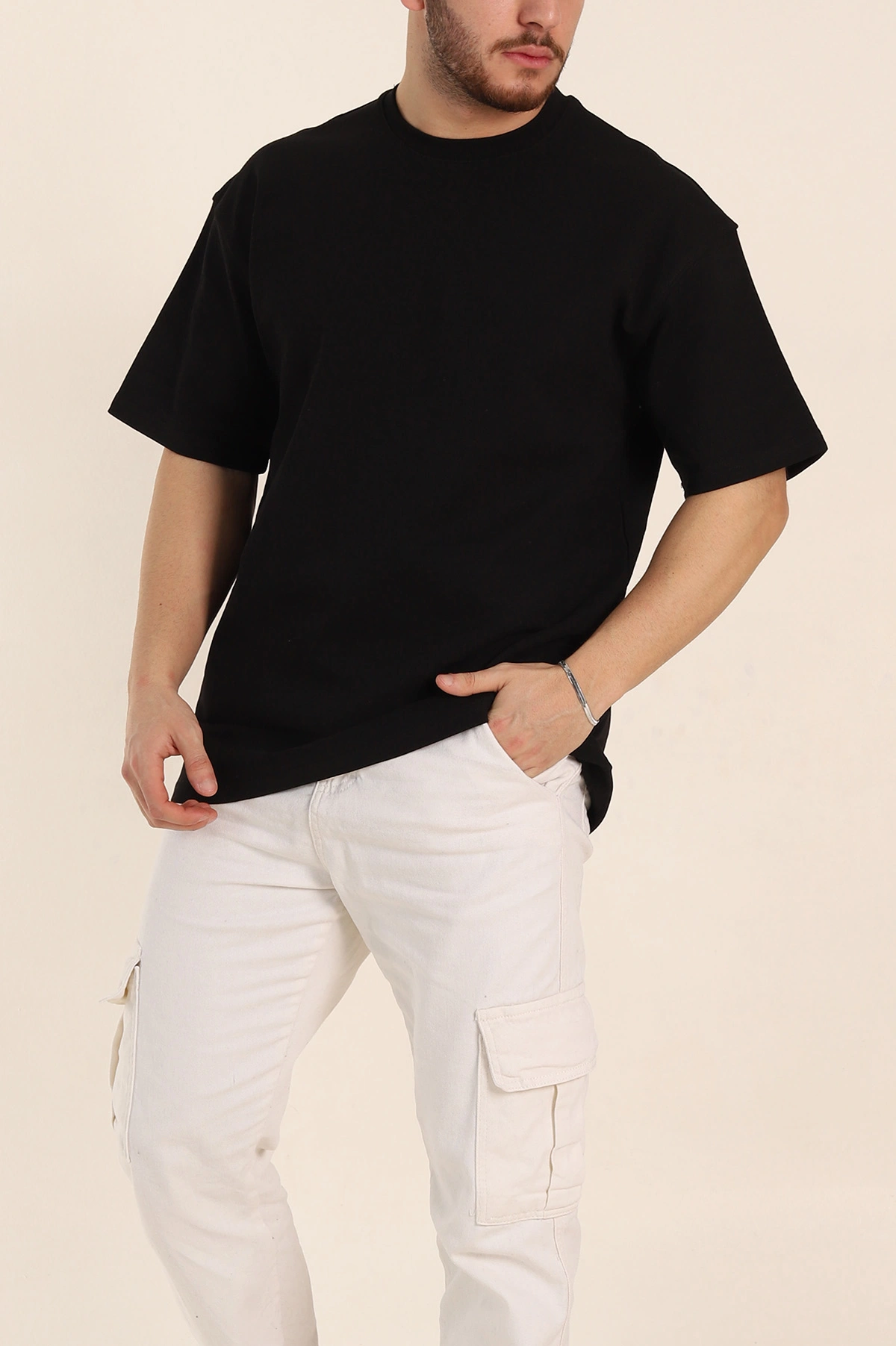 Siyah Oversize Double Face Kumaş Basic Erkek Tişört 340525