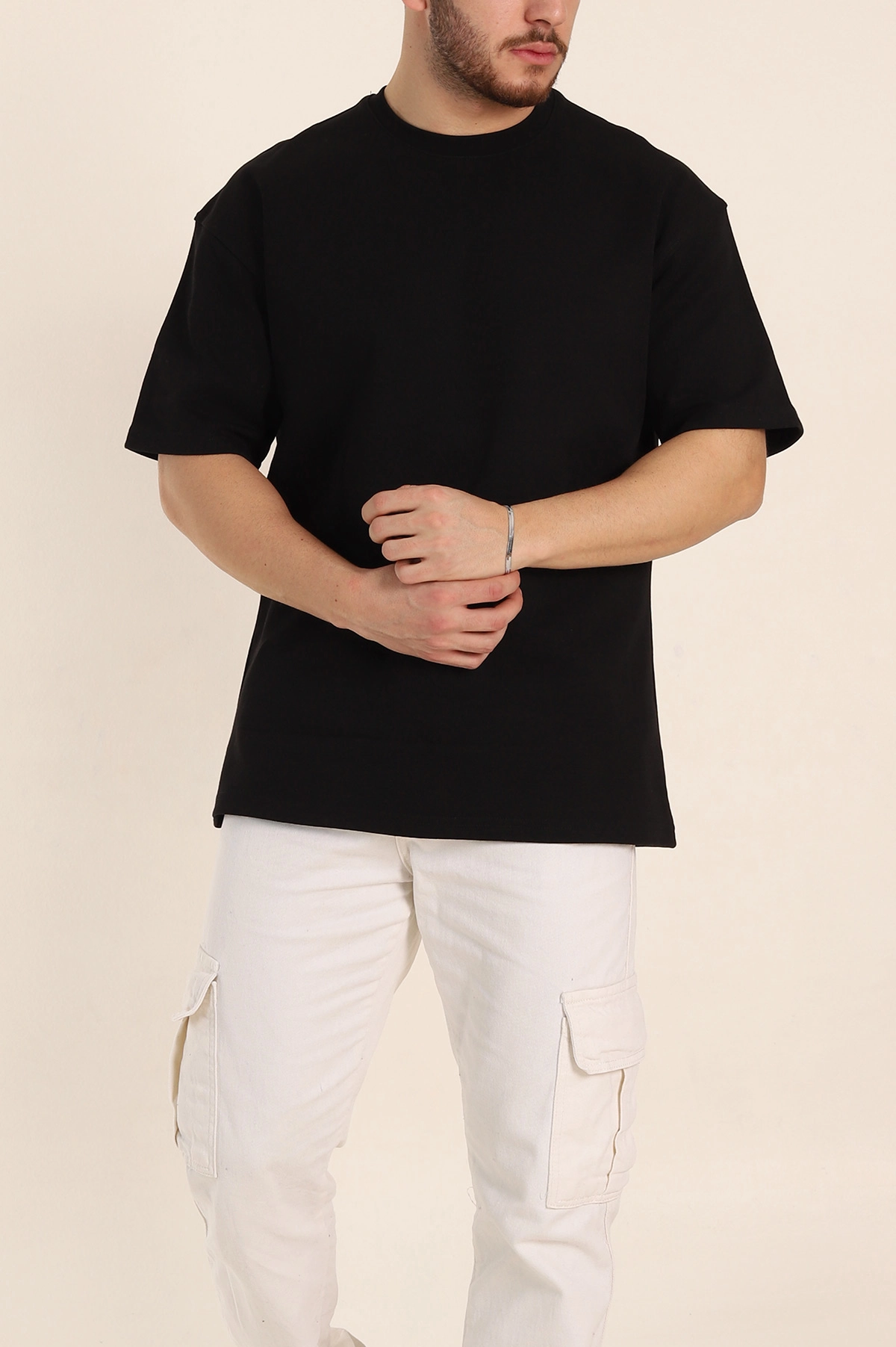 Siyah Oversize Double Face Kumaş Basic Erkek Tişört 340525