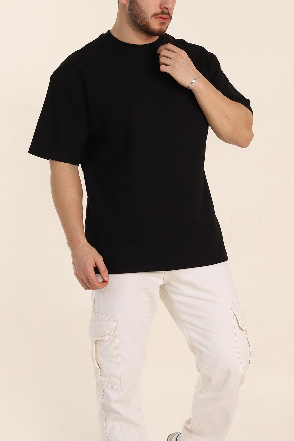 Siyah Oversize Double Face Kumaş Basic Erkek Tişört 340525