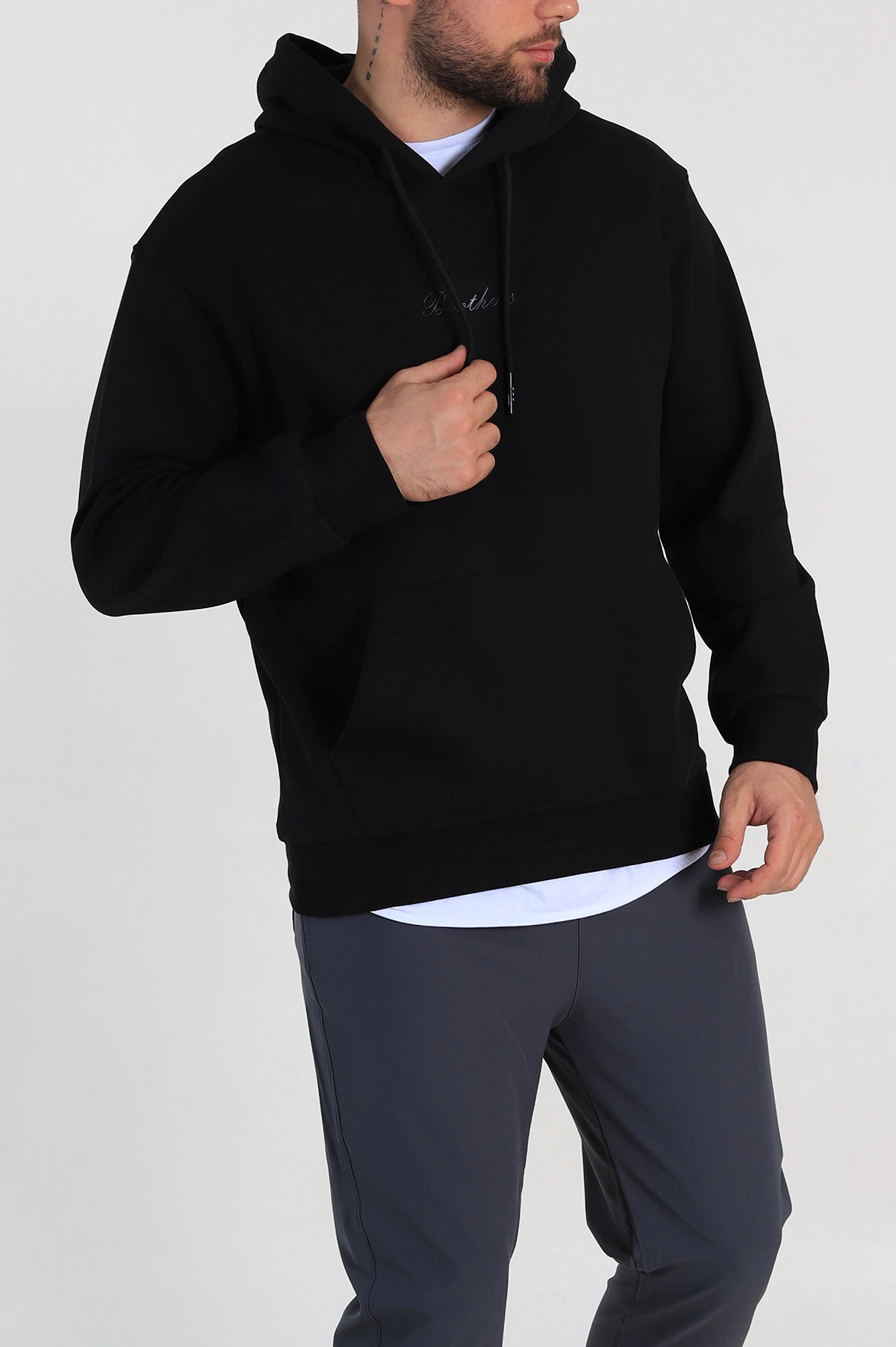 Siyah Oversize Duble Kumaş Basic Erkek Kapüşonlu Sweatshirt 300184