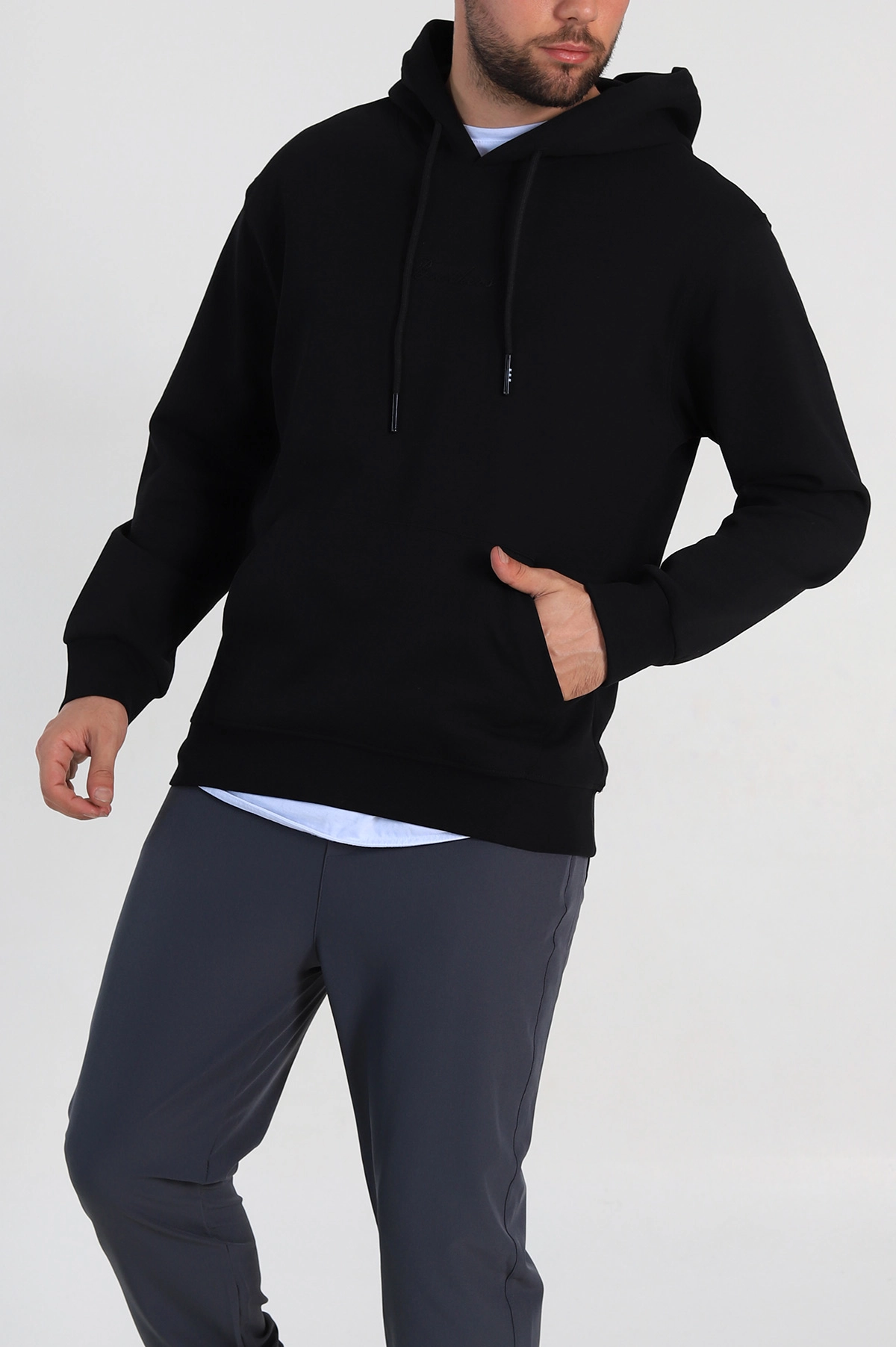Siyah Oversize Duble Kumaş Basic Erkek Kapüşonlu Sweatshirt 300184