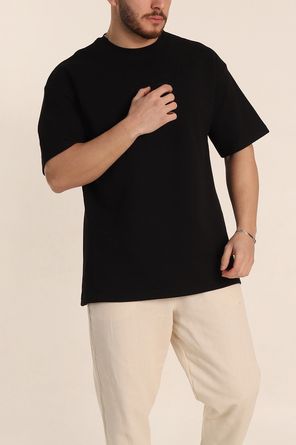 Siyah Oversize Duble Kumaş Nakış Detaylı Erkek Tişört 345721
