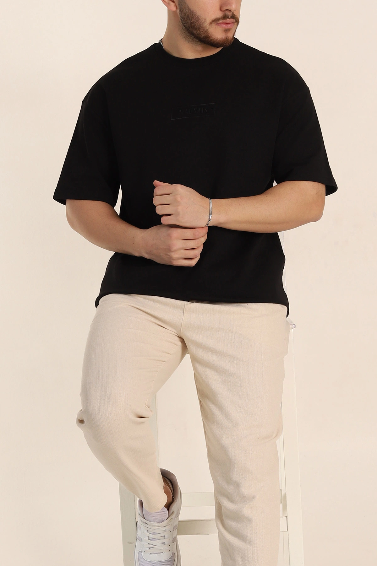Siyah Oversize Duble Kumaş Nakış Detaylı Erkek Tişört 345721