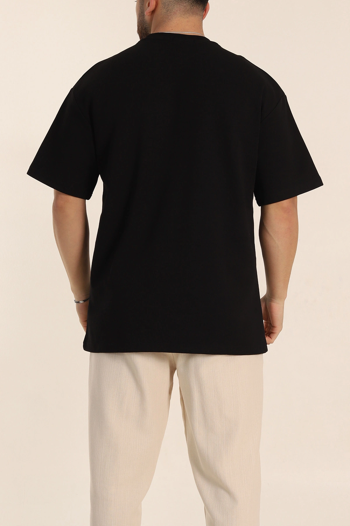 Siyah Oversize Duble Kumaş Nakış Detaylı Erkek Tişört 345721