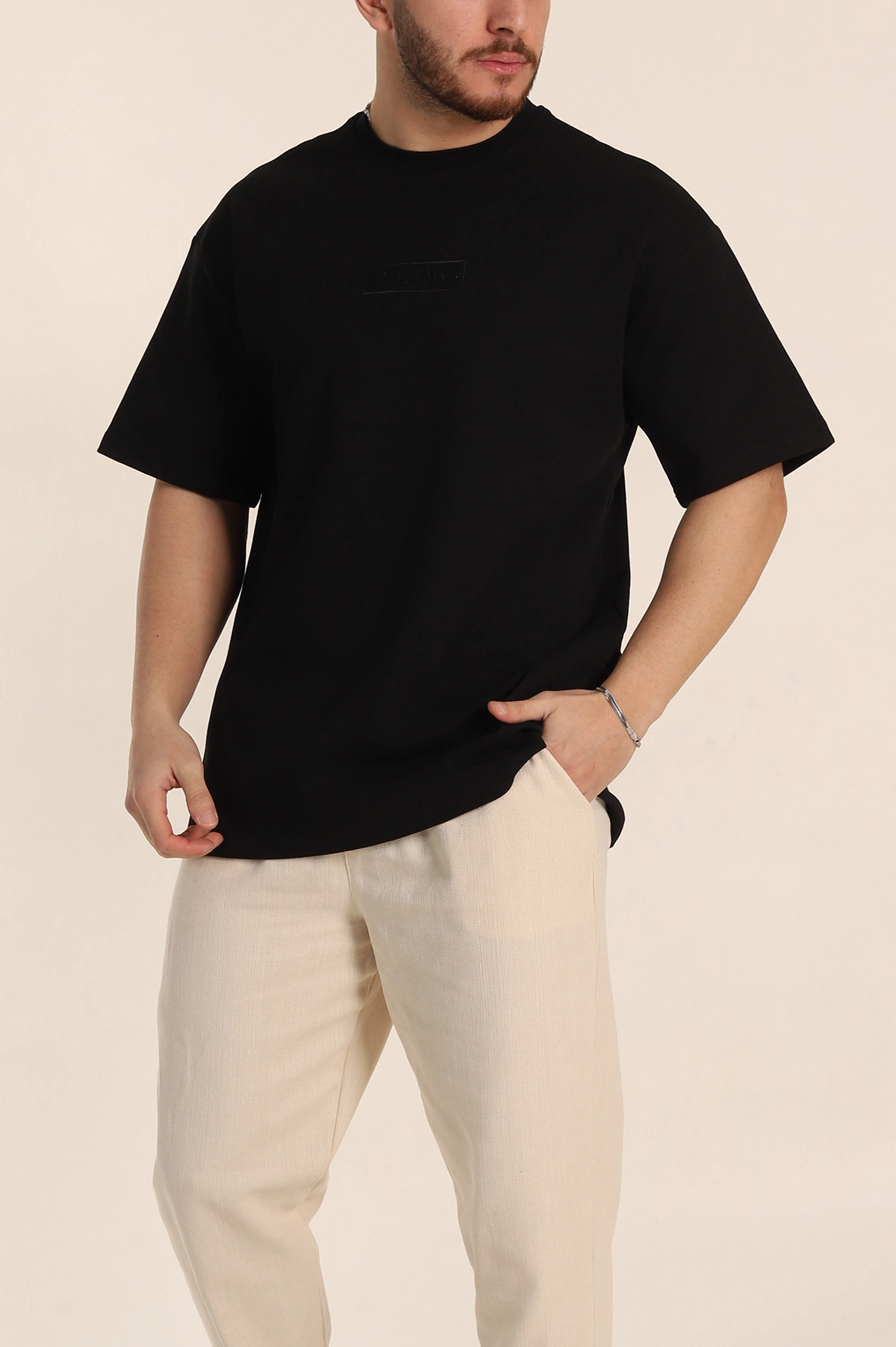 Siyah Oversize Duble Kumaş Nakış Detaylı Erkek Tişört 345721