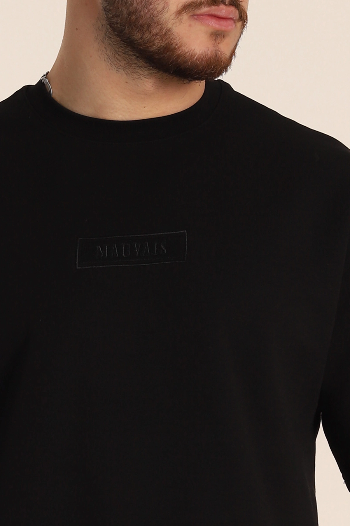 Siyah Oversize Duble Kumaş Nakış Detaylı Erkek Tişört 345721