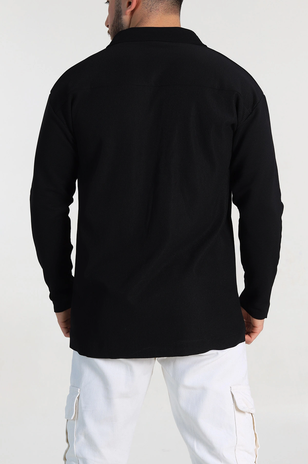 Siyah Oversize Fitilli Doku Fermuarlı Polo Yaka Sweatshirt 324395