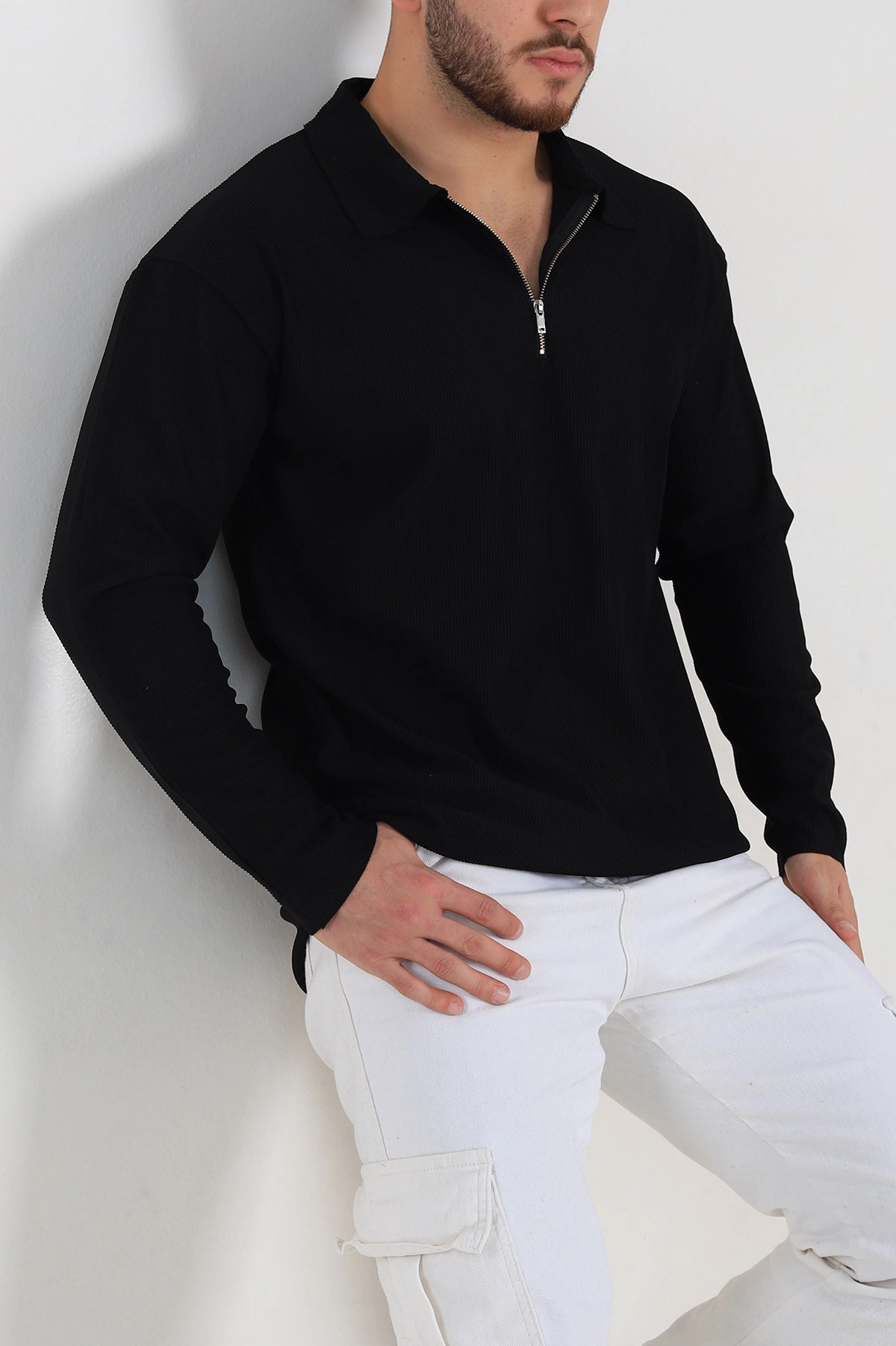 Siyah Oversize Fitilli Doku Fermuarlı Polo Yaka Sweatshirt 324395