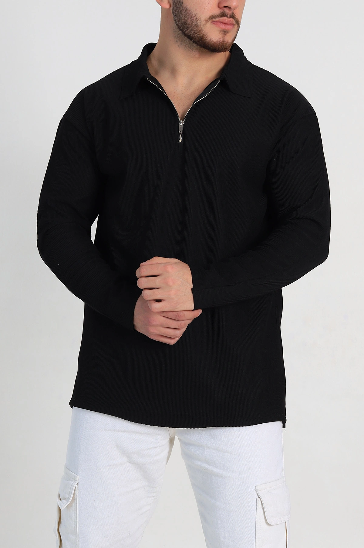 Siyah Oversize Fitilli Doku Fermuarlı Polo Yaka Sweatshirt 324395