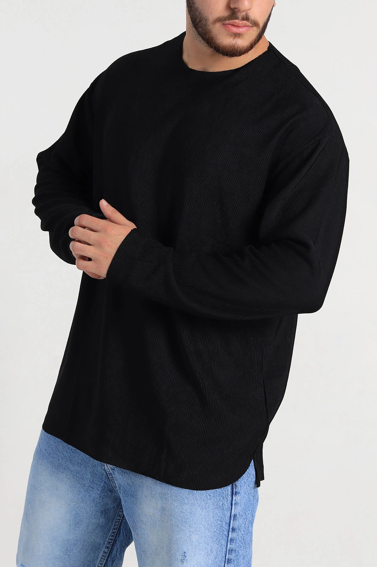 Siyah Oversize Fitilli Doku Geniş Yaka Erkek Sweatshirt 306960