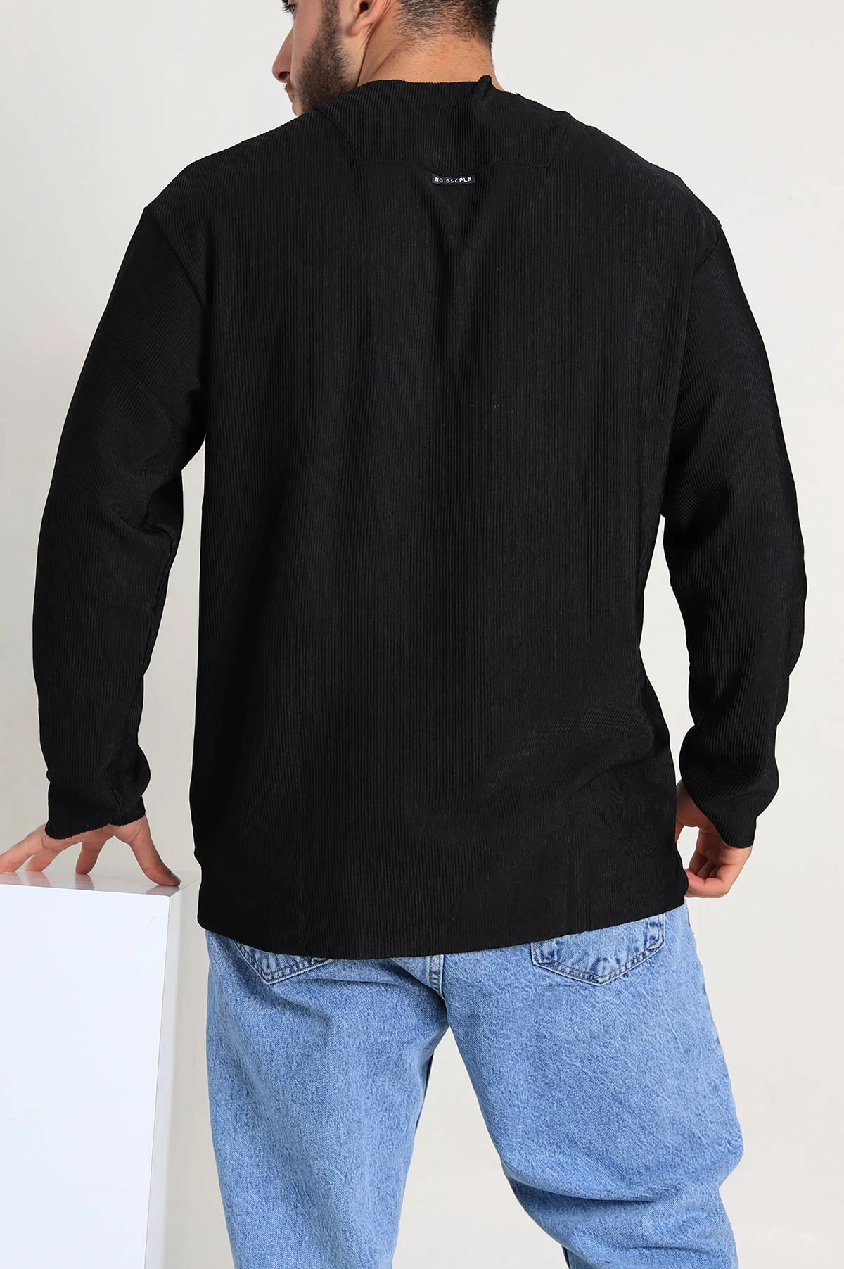 Siyah Oversize Fitilli Doku Geniş Yaka Erkek Sweatshirt 306960