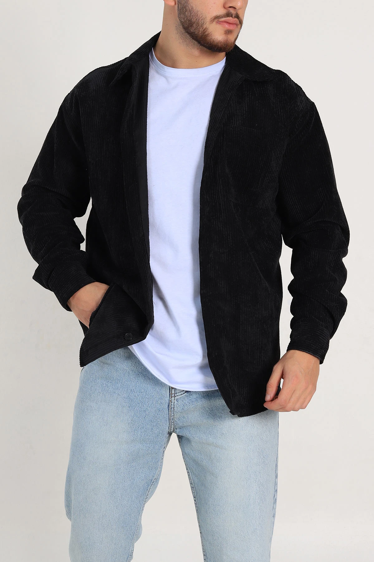 Siyah Oversize Fitilli Kadife Cep Detaylı Erkek Gömlek 318407