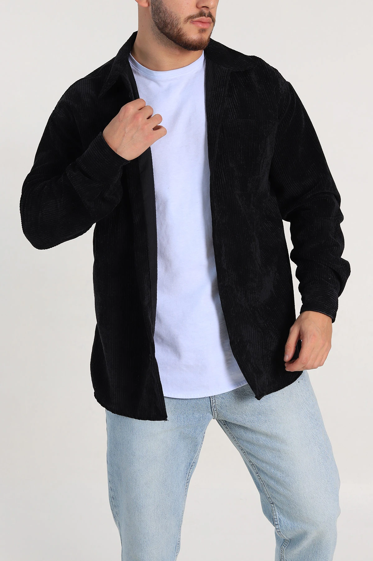Siyah Oversize Fitilli Kadife Cep Detaylı Erkek Gömlek 318407