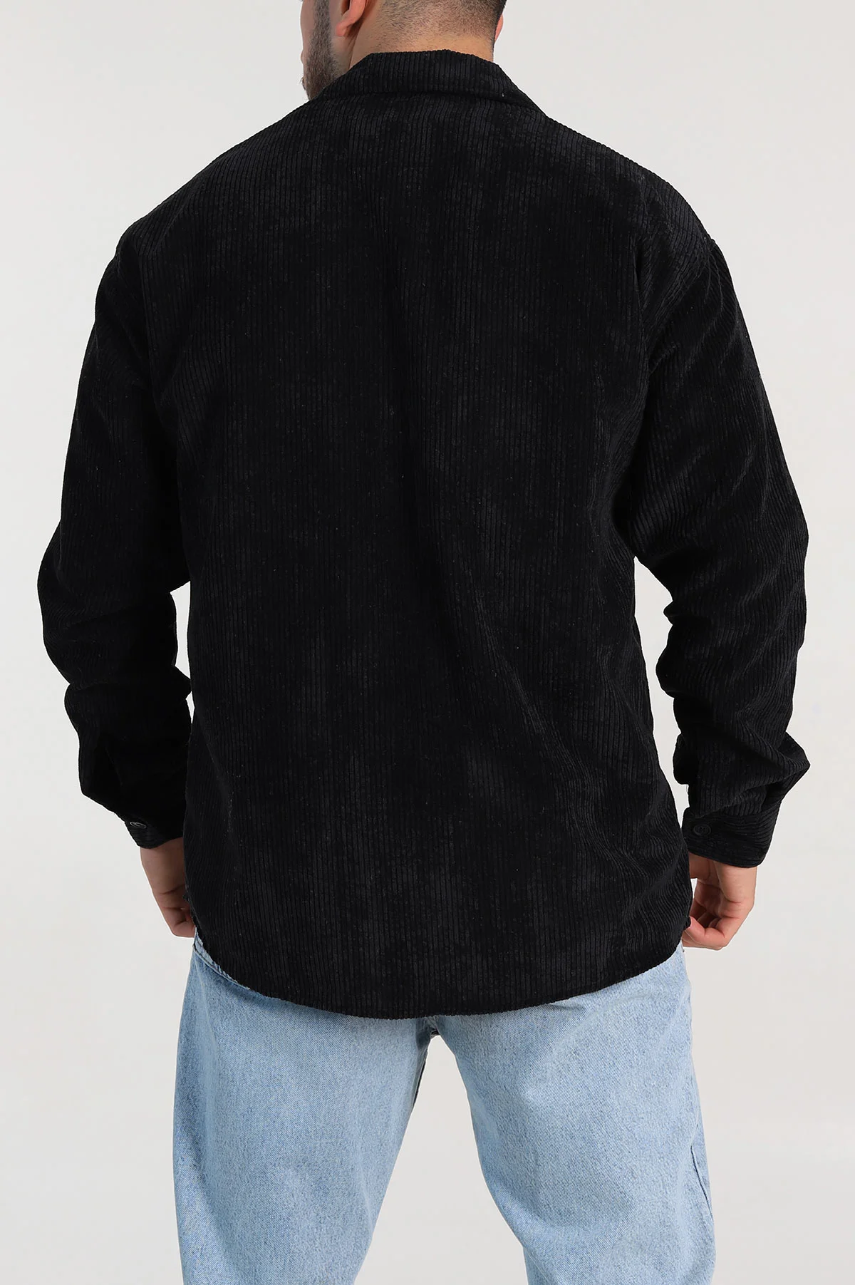 Siyah Oversize Fitilli Kadife Cep Detaylı Erkek Gömlek 318407