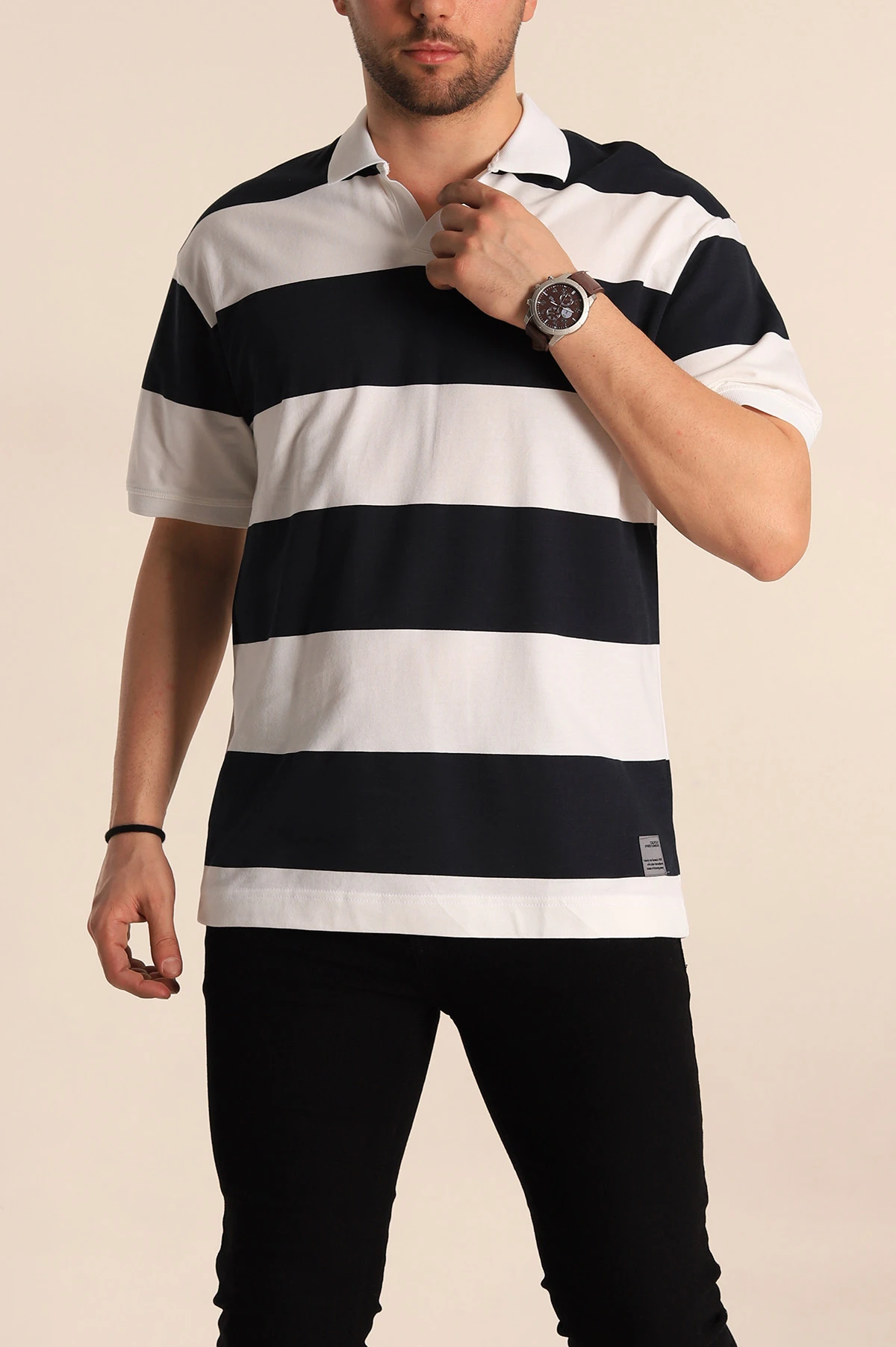 Siyah Oversize İki İp Geniş Çizgili Polo Yaka Erkek Tişört 257561