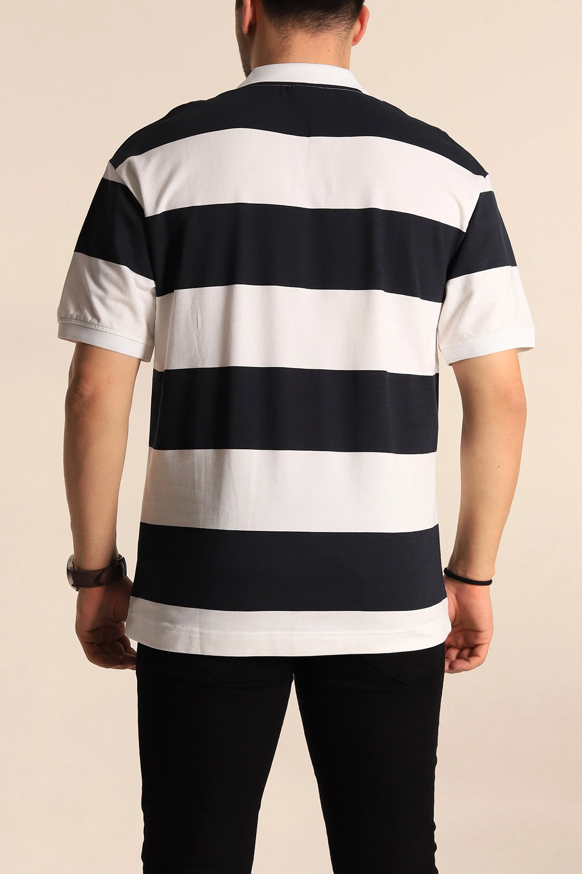 Siyah Oversize İki İp Geniş Çizgili Polo Yaka Erkek Tişört 257561
