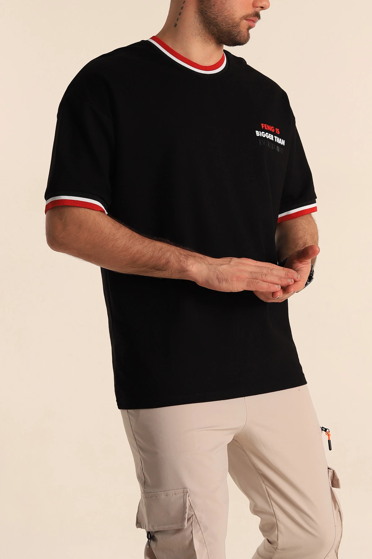 Siyah Oversize İki İp Kabartma Yazı Detaylı Erkek Tişört 247945