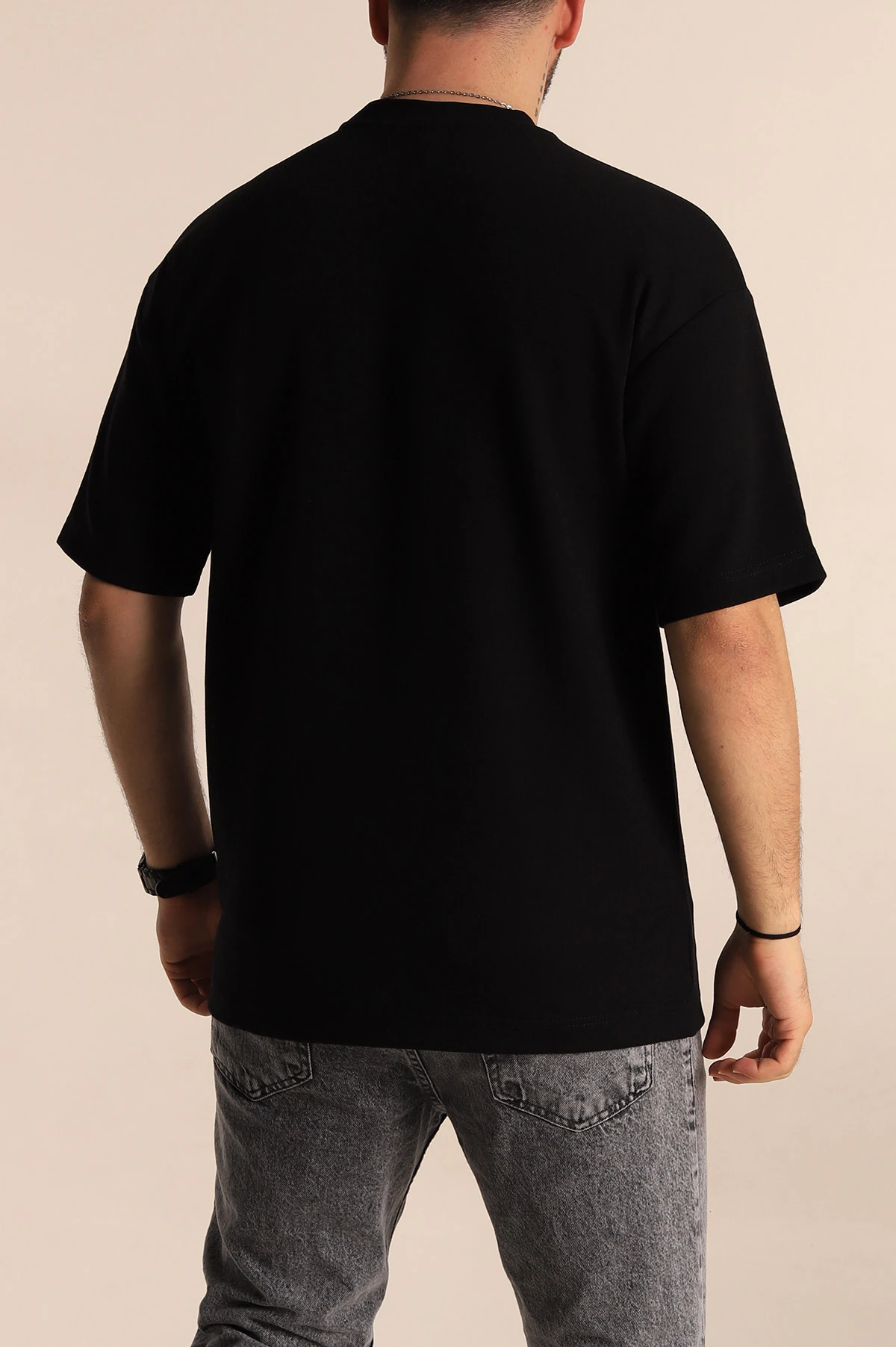 Siyah Oversize İki İp Kabartma Yazılı Erkek Tişört 266838