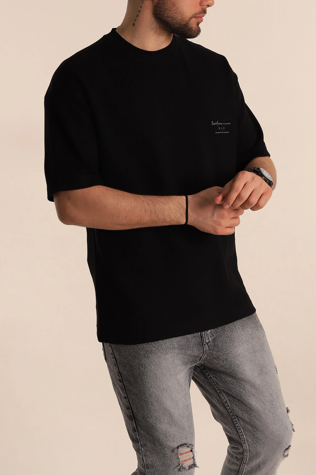 Siyah Oversize İki İp Kabartma Yazılı Erkek Tişört 266838