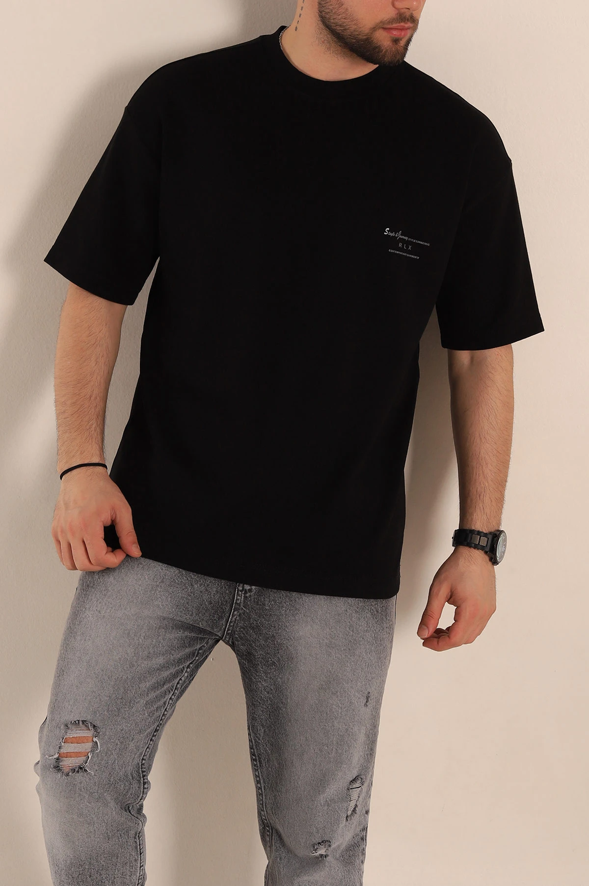 Siyah Oversize İki İp Kabartma Yazılı Erkek Tişört 266838