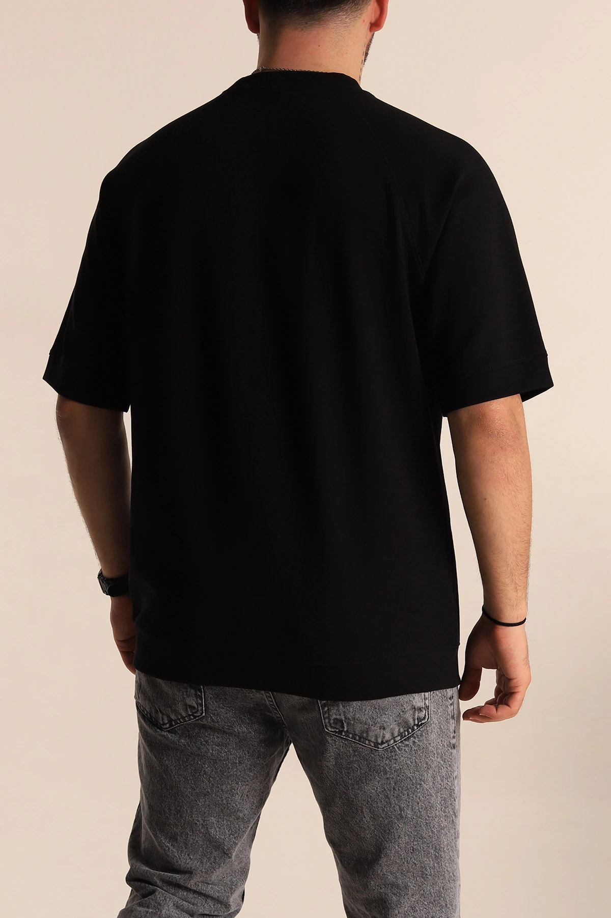 Siyah Oversize İki İp Kabartma Yazılı Reglan Kol Detaylı Erkek Tişört 266859