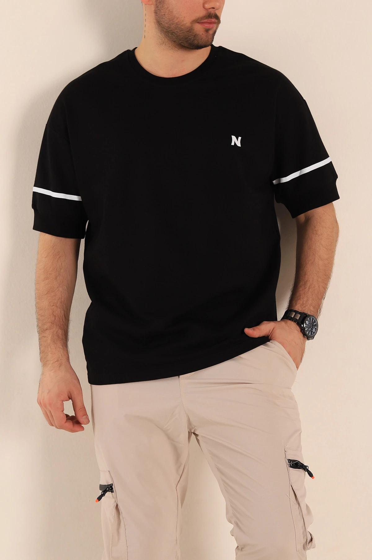 Siyah Oversize İki İp Kol Lastikli Erkek Tişört 247971
