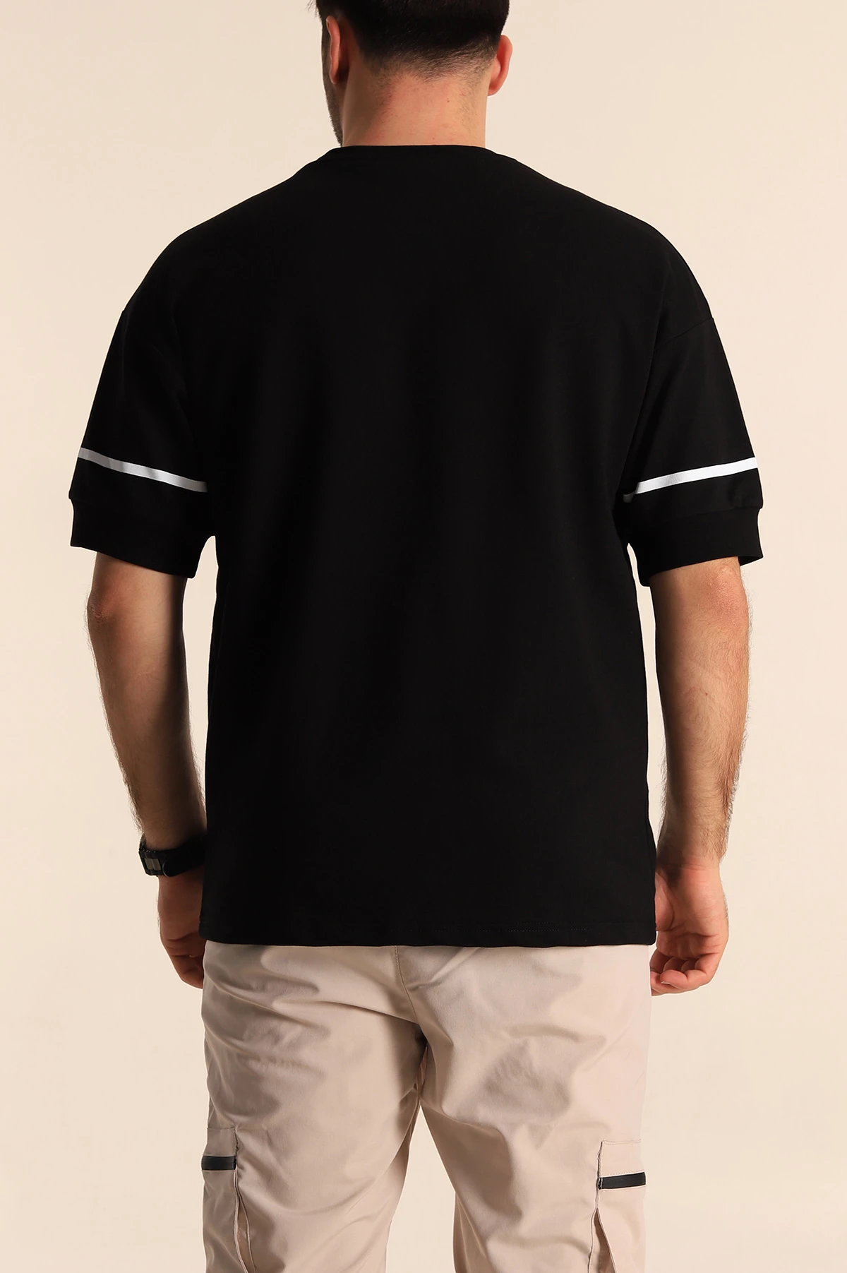 Siyah Oversize İki İp Kol Lastikli Erkek Tişört 247971