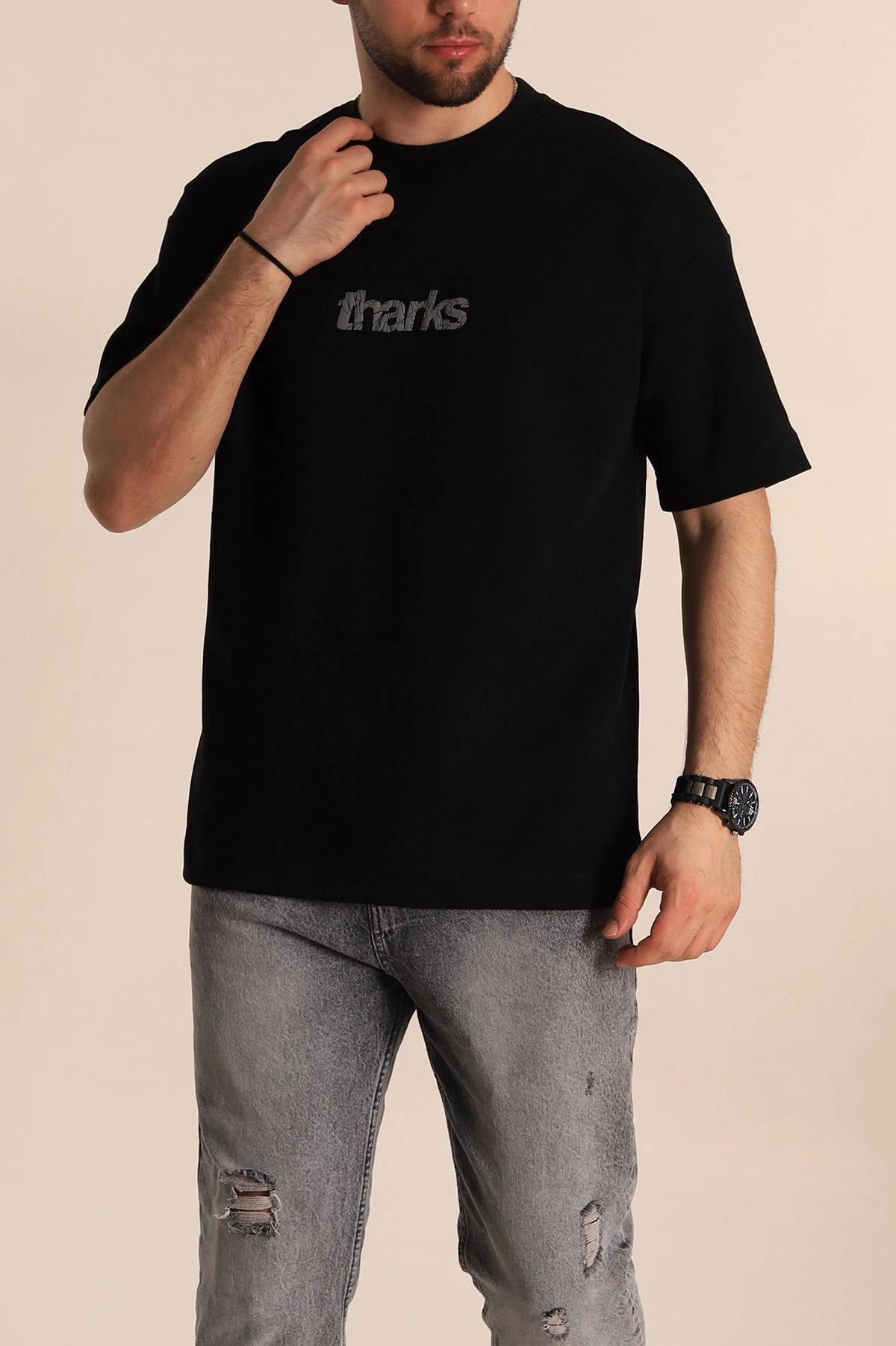Siyah Oversize İki İp Sırt Kabartma Yazı Detaylı Erkek Tişört 266871