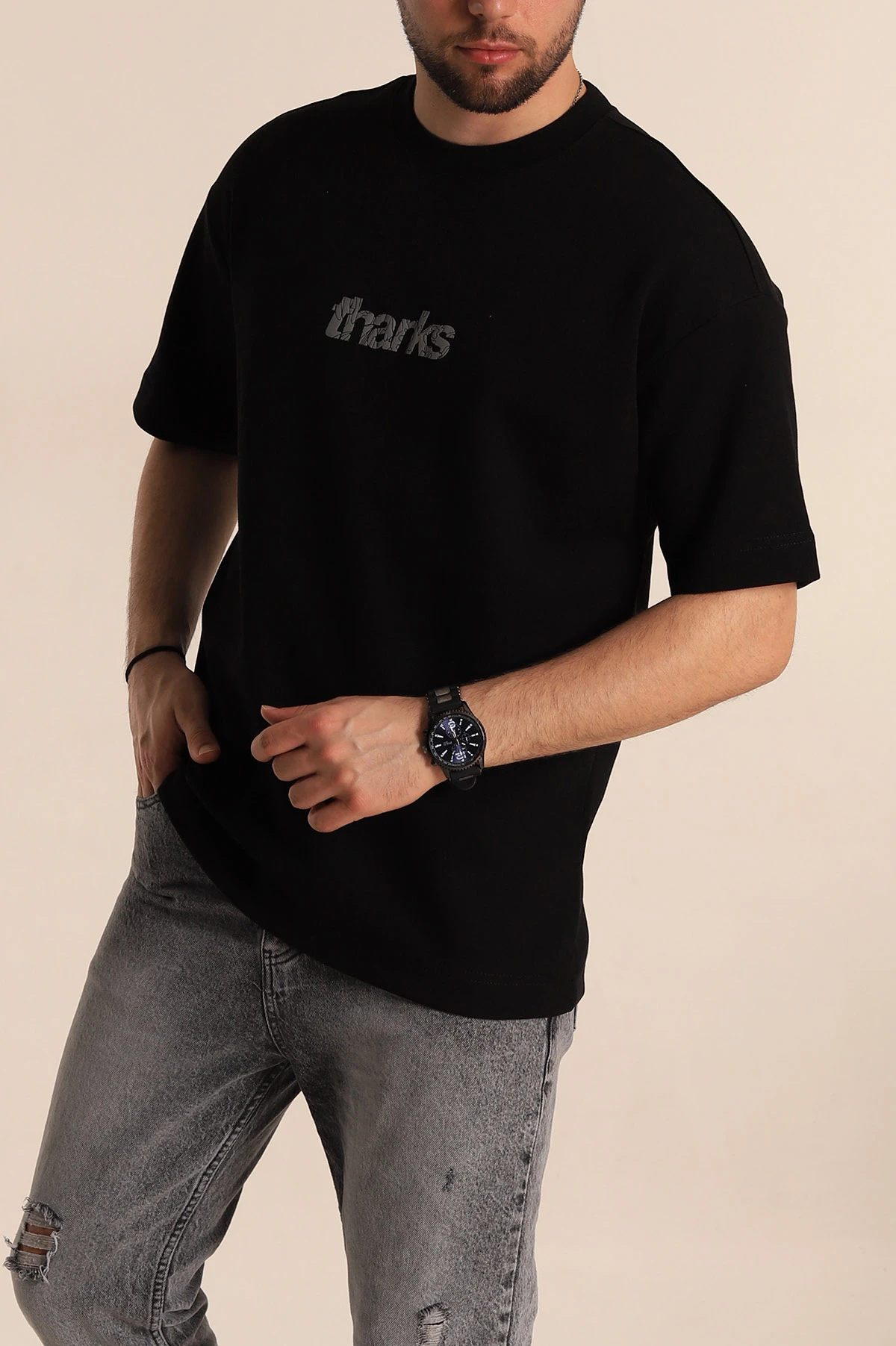 Siyah Oversize İki İp Sırt Kabartma Yazı Detaylı Erkek Tişört 266871