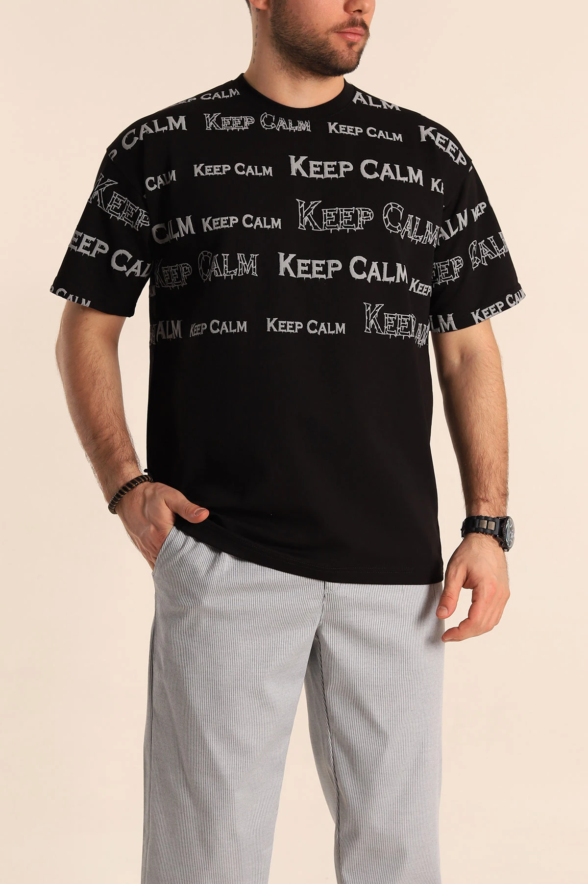 Siyah Oversize İki İp Yazı Detay Erkek Tişört 247567