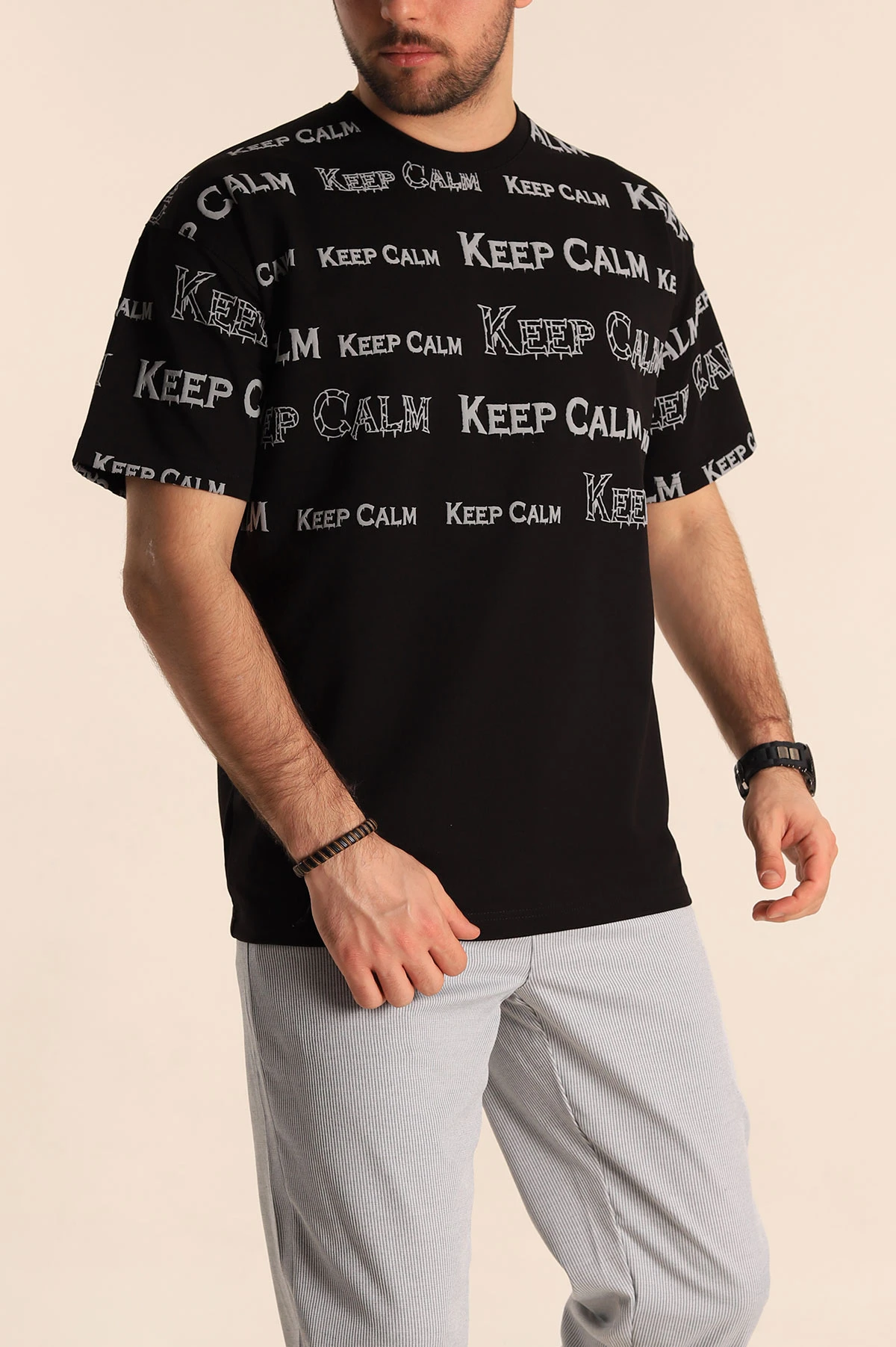 Siyah Oversize İki İp Yazı Detay Erkek Tişört 247567