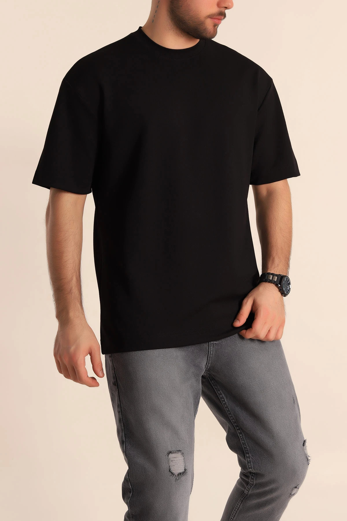 Siyah Oversize Jakarlı Basic Erkek Tişört 249455