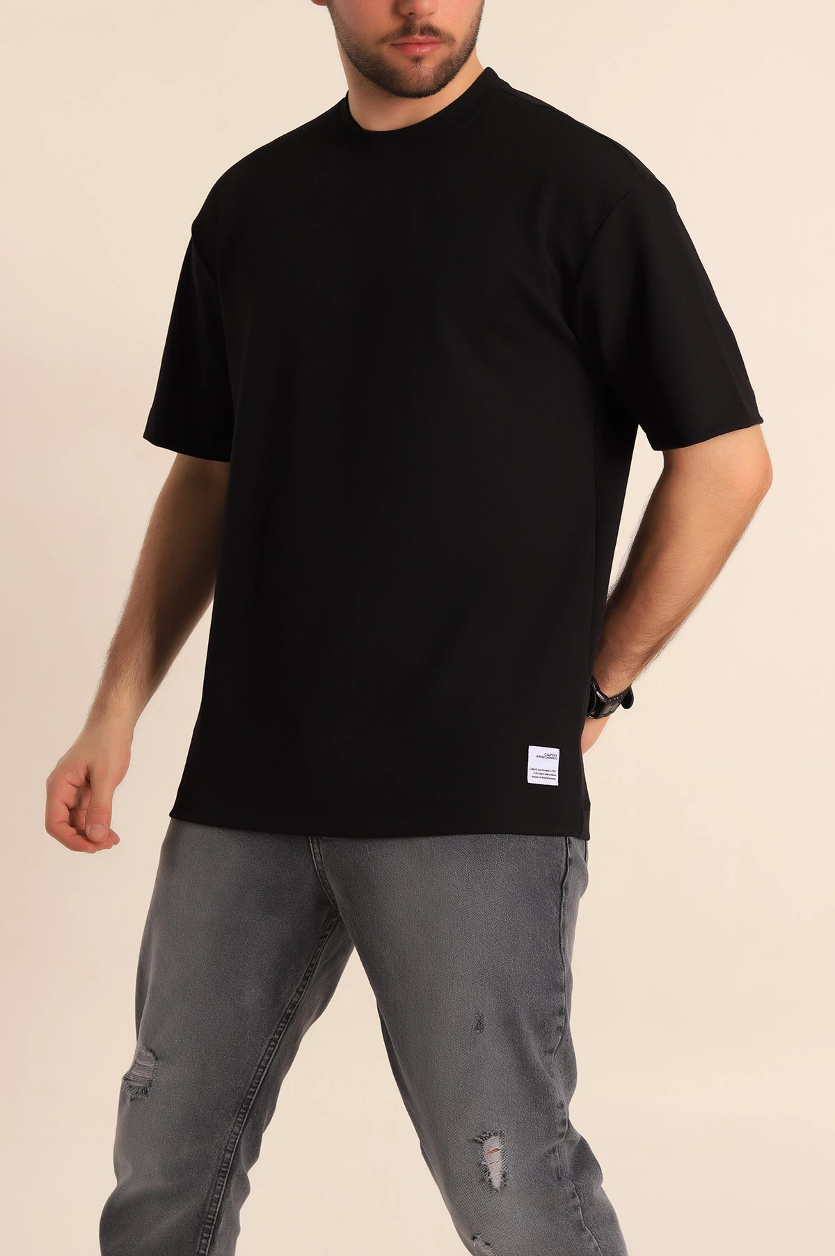 Siyah Oversize Jakarlı Basic Erkek Tişört 249455