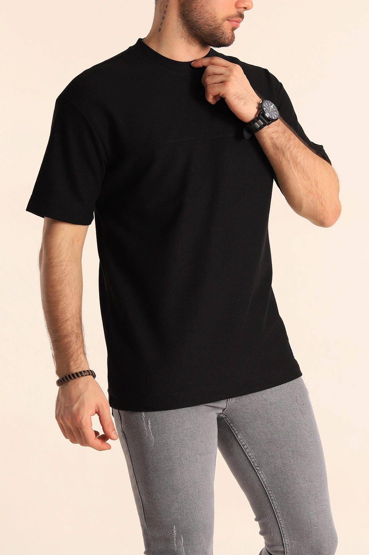 Siyah Oversize Jakarlı Dikiş Detaylı Erkek Tişört 253347