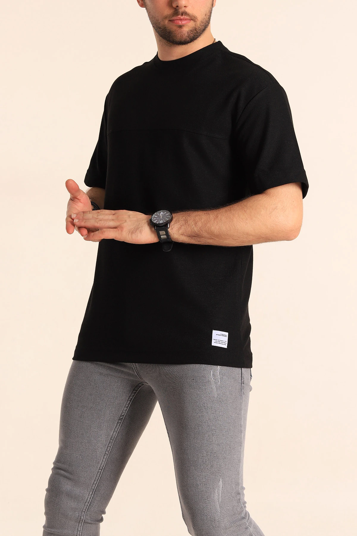 Siyah Oversize Jakarlı Dikiş Detaylı Erkek Tişört 253347