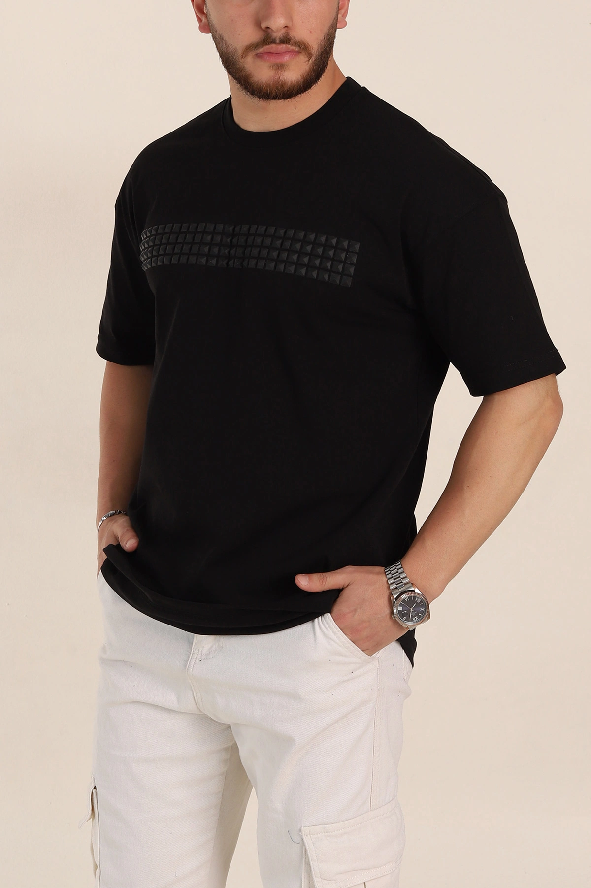 Siyah Oversize Kabartma Detaylı Erkek Tişört 358276