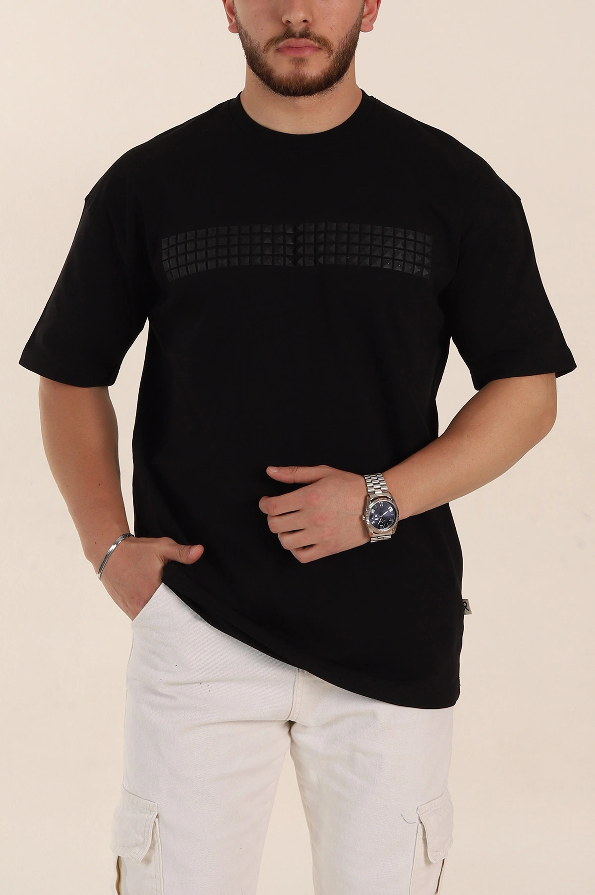 Siyah Oversize Kabartma Detaylı Erkek Tişört 358276