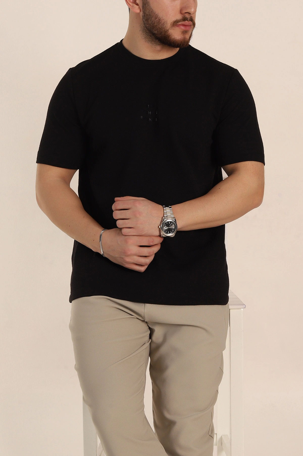Siyah Oversize Kabartma Yazı Detaylı Erkek Tişört 354080