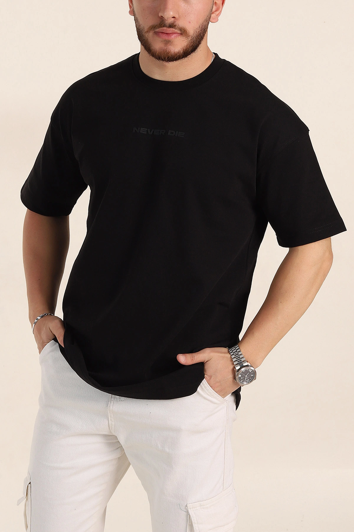 Siyah Oversize Kabartma Yazı Detaylı Erkek Tişört 358193
