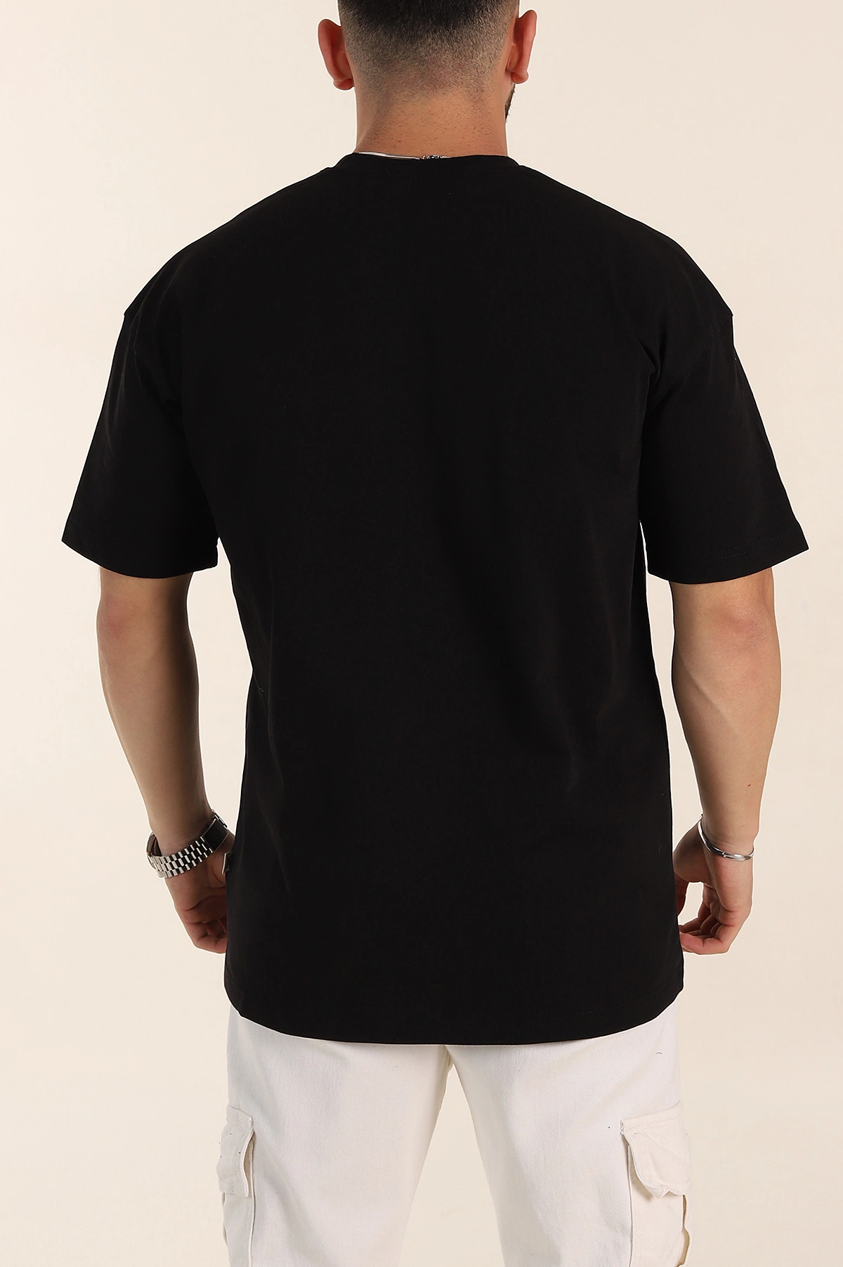 Siyah Oversize Kabartma Yazı Detaylı Erkek Tişört 358204