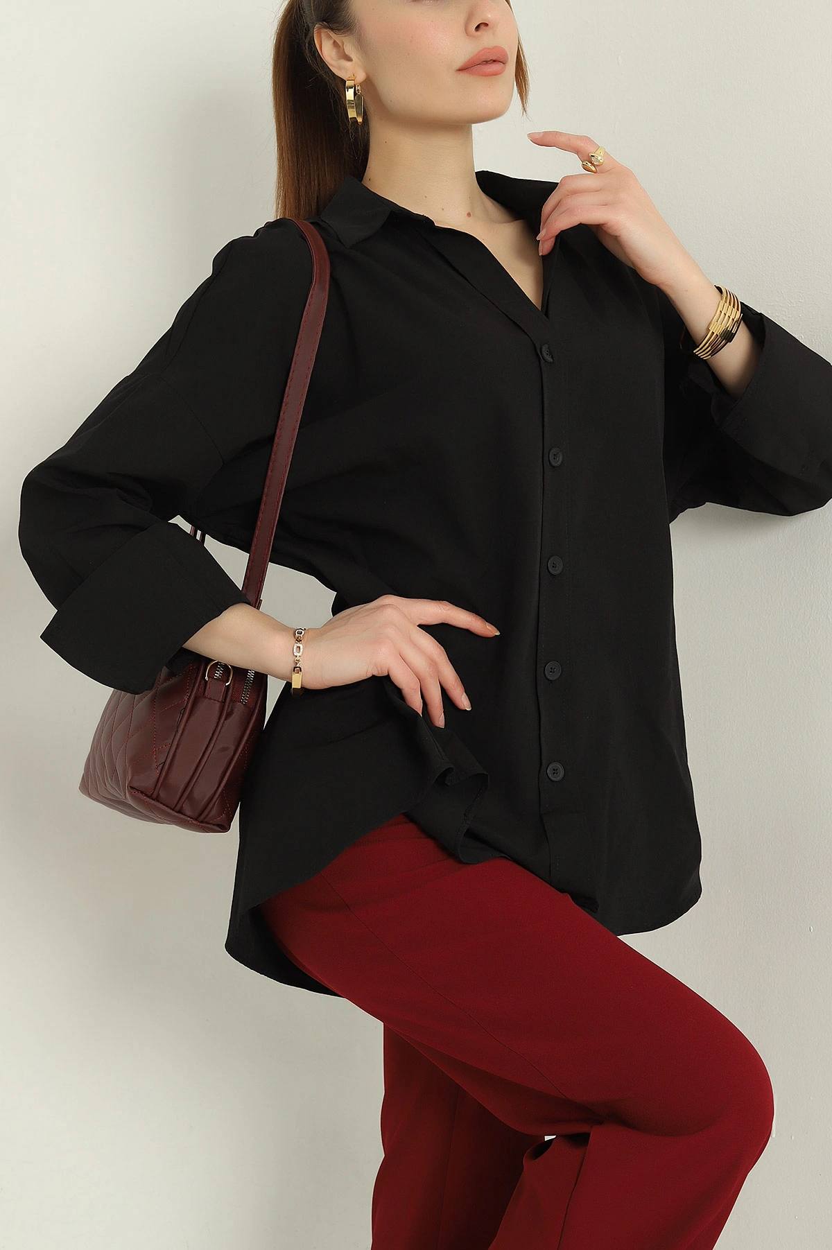 Siyah Oversize Kadın Poplin Gömlek 362374