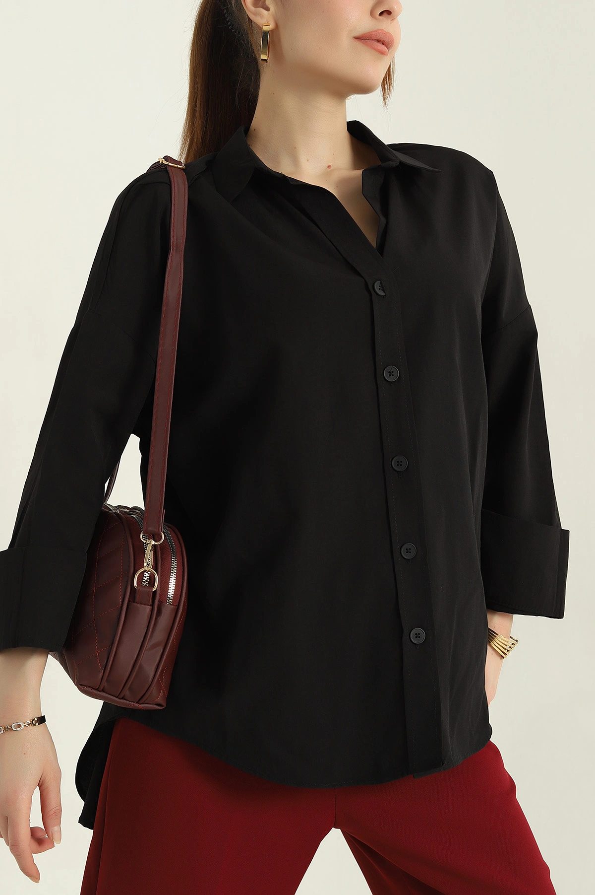 Siyah Oversize Kadın Poplin Gömlek 362374
