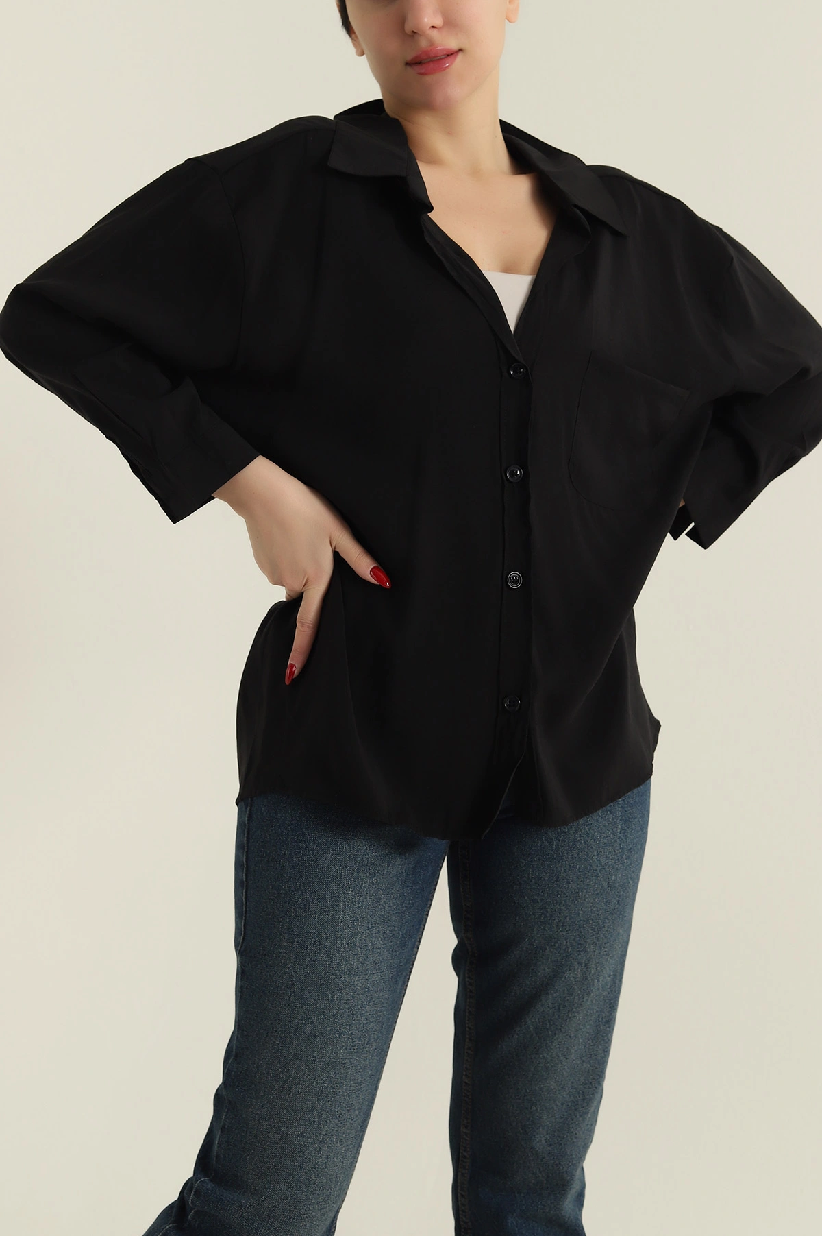 Siyah Oversize Modal Kadın Gömlek 427908
