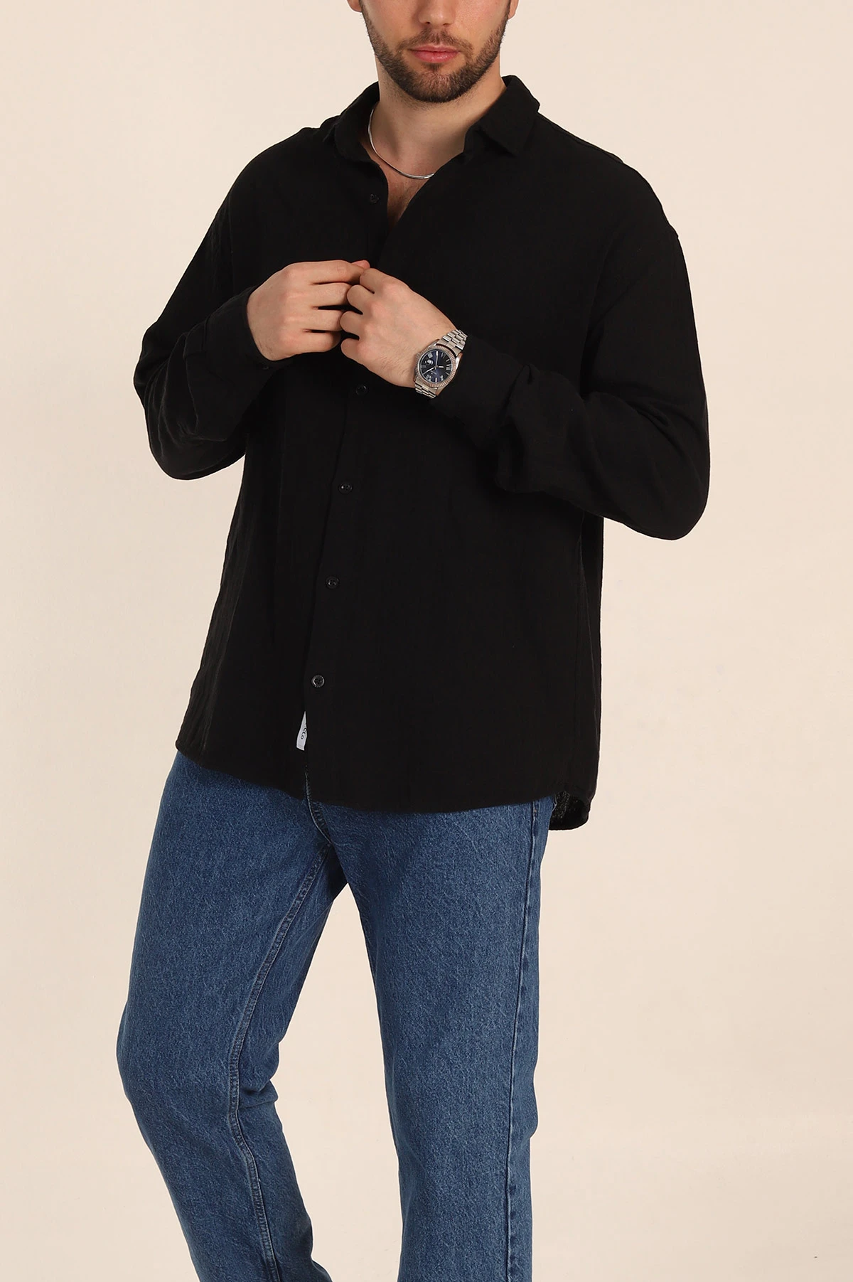 Siyah Oversize Müslin Keten Uzun Kollu Erkek Gömlek 347733