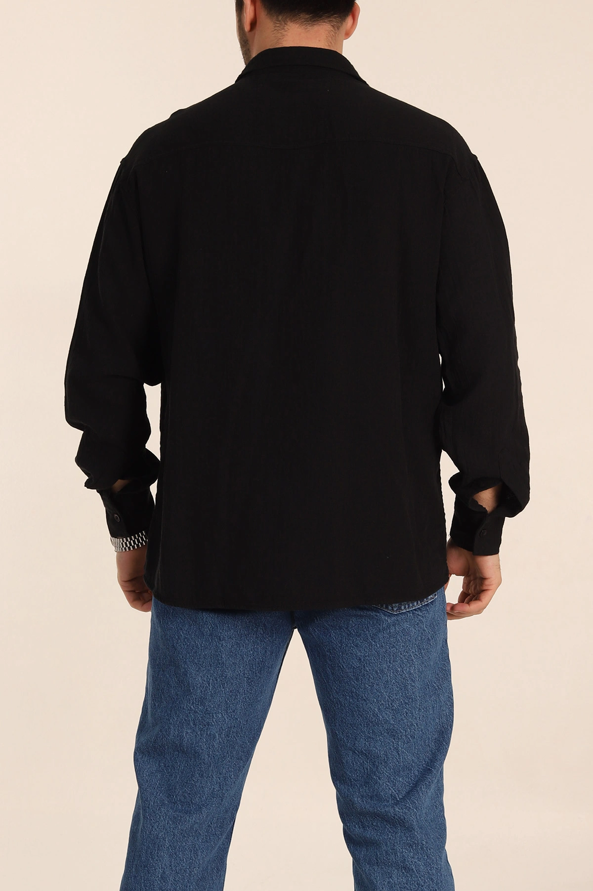 Siyah Oversize Müslin Keten Uzun Kollu Erkek Gömlek 347733