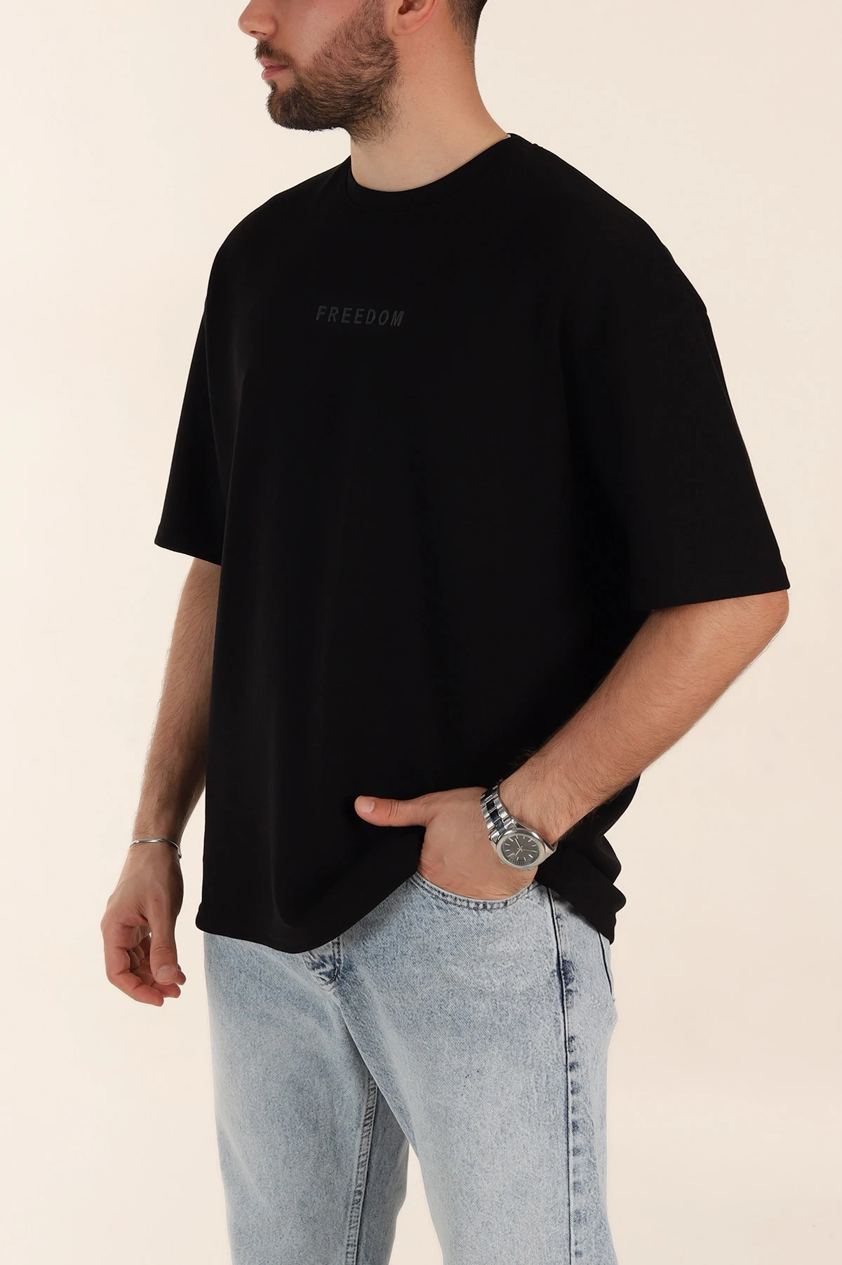 Siyah Oversize Oysho Kumaş Kabartma Yazılı Erkek Tişört 365097