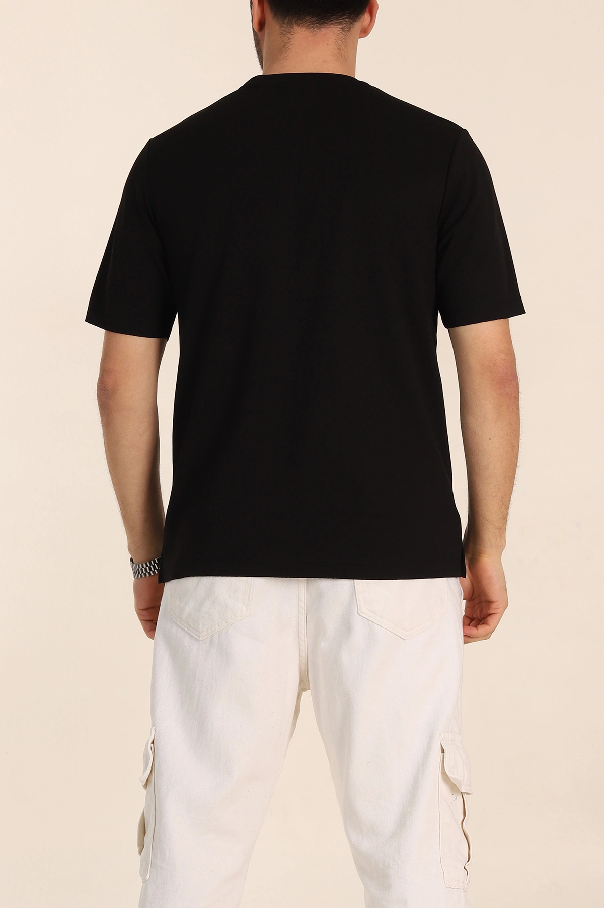 Siyah Oversize Oysho Kumaş Yırtmaç Detaylı Basic Erkek Tişört 348123