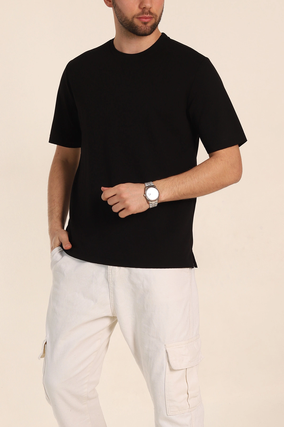 Siyah Oversize Oysho Kumaş Yırtmaç Detaylı Basic Erkek Tişört 348123