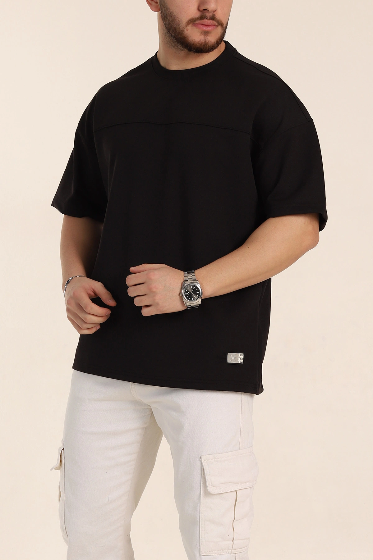 Siyah Oversize Parçalı Basic Erkek Tişört 351987