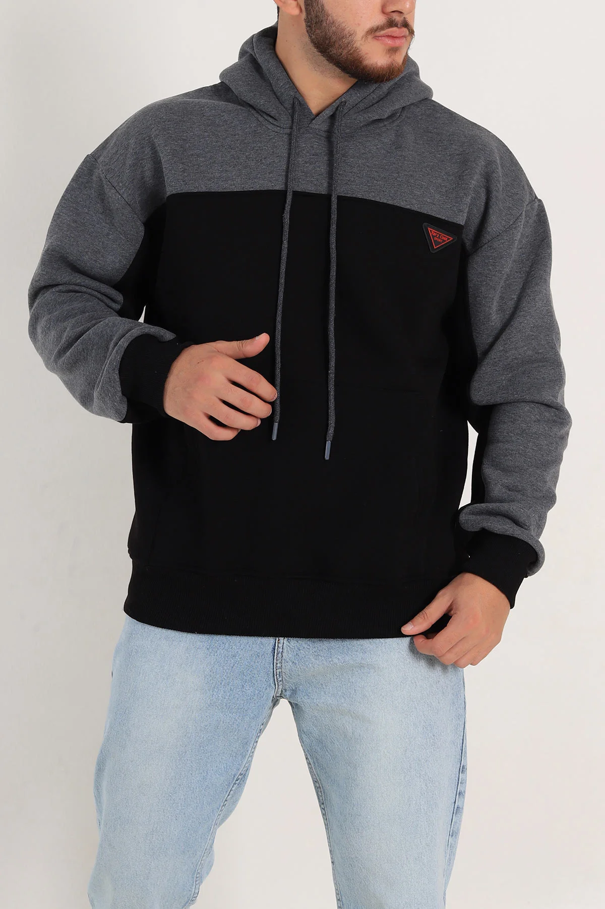 Siyah Oversize Parçalı Üç İp Şardonlu Kapüşonlu Erkek Sweatshirt 306474